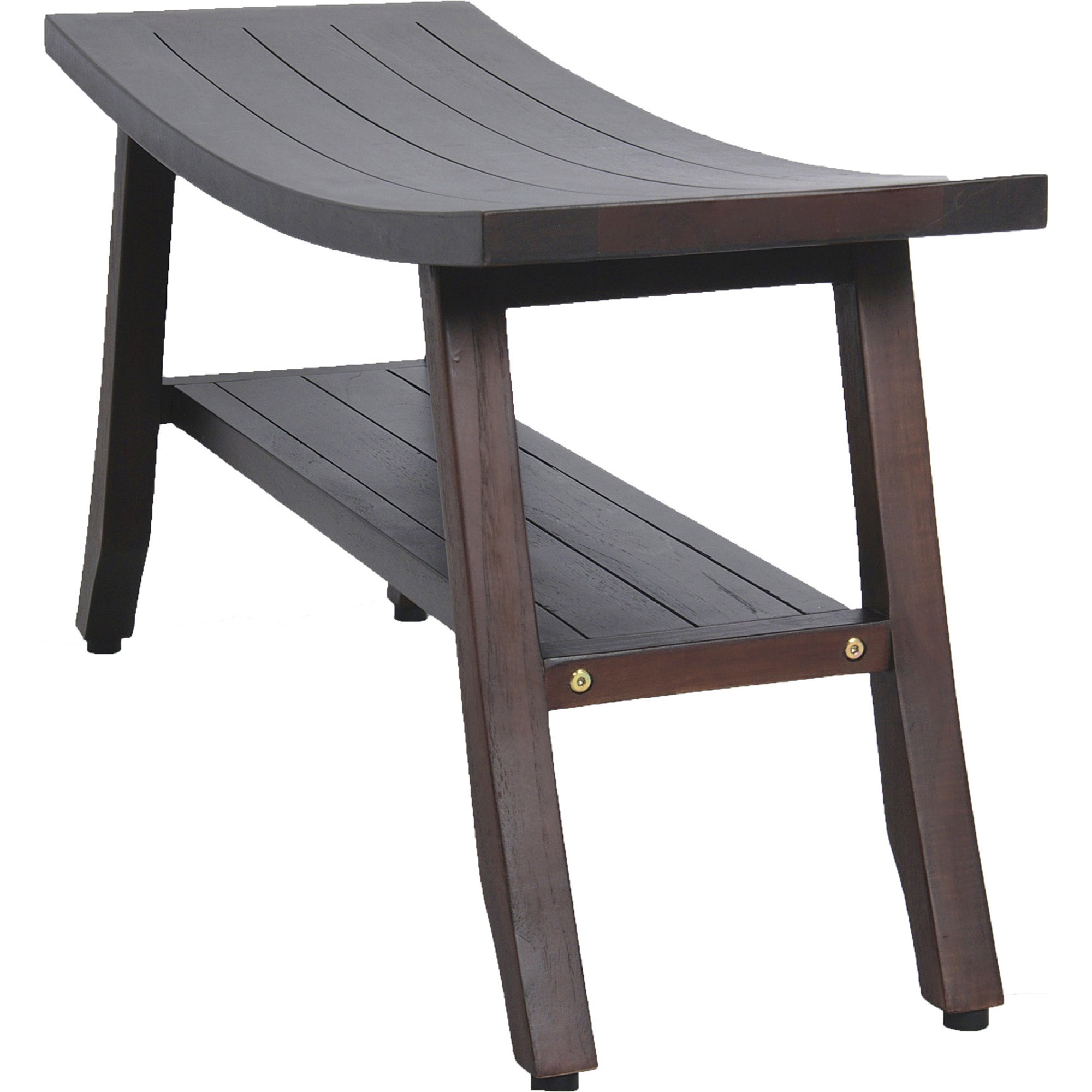 Compact Curvilinear Teak Shower / Outdoor Bench with Shelf in Brown Finish