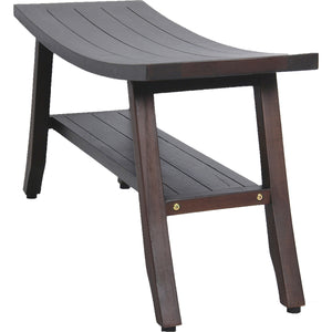 Compact Curvilinear Teak Shower / Outdoor Bench with Shelf in Brown Finish