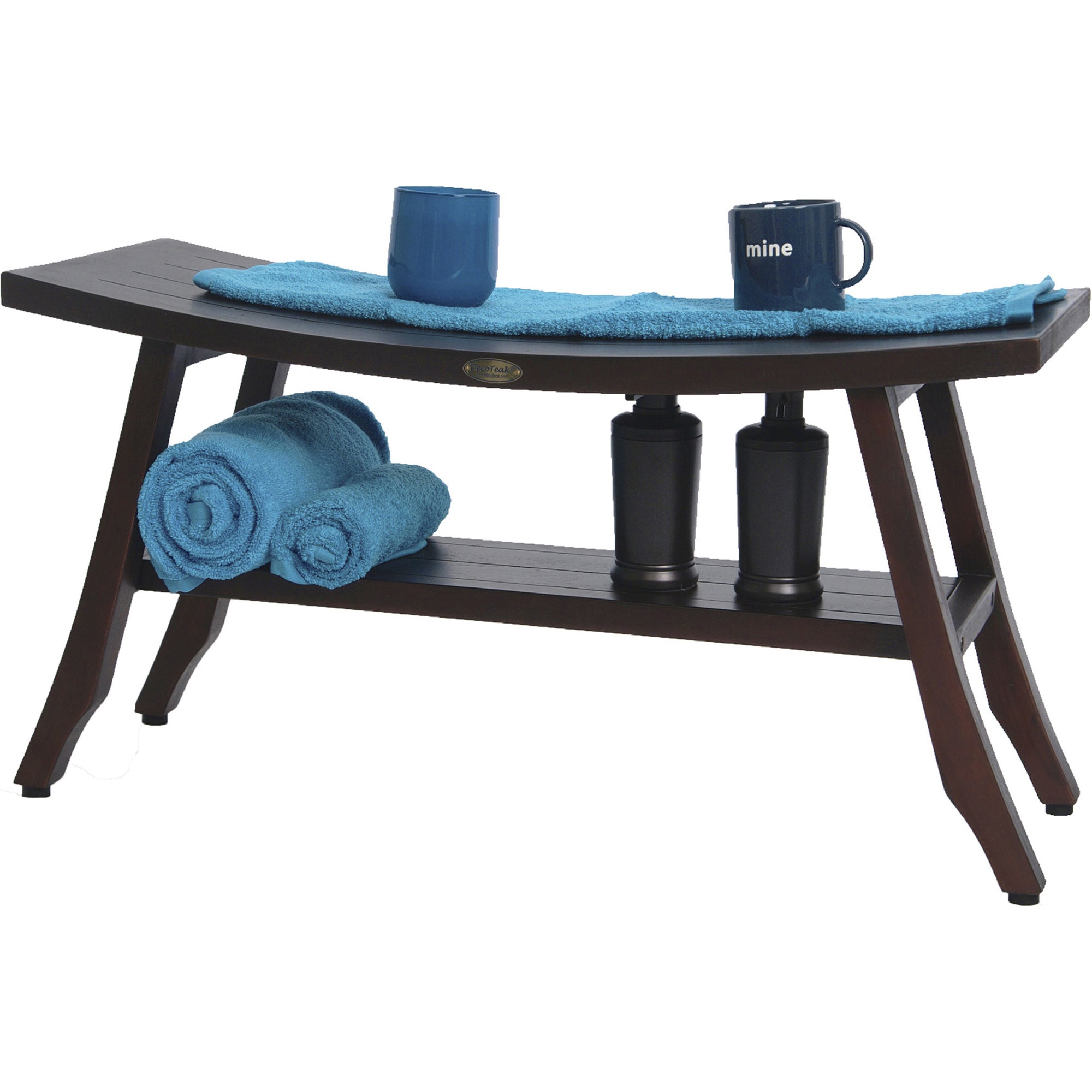 Compact Curvilinear Teak Shower / Outdoor Bench with Shelf in Brown Finish