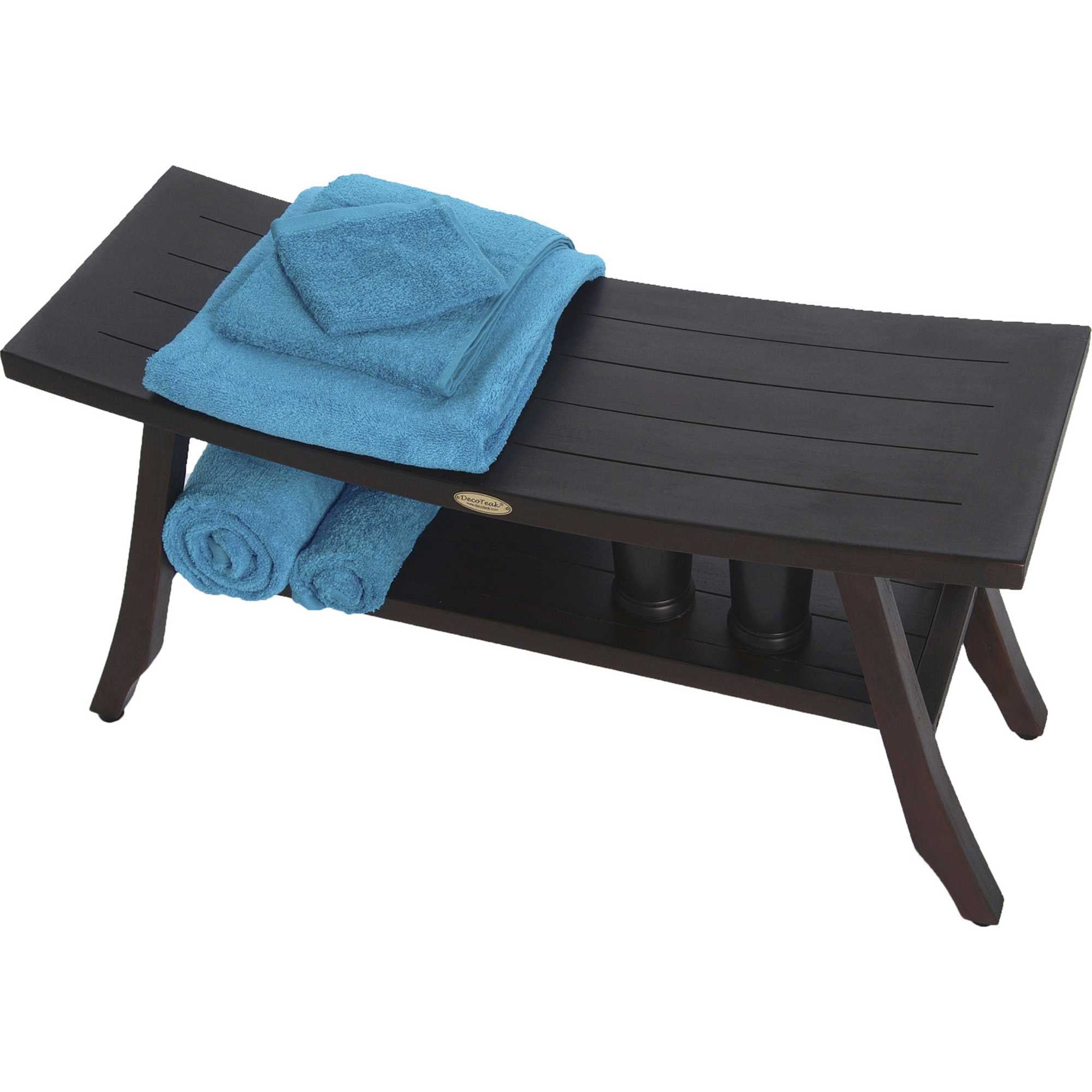 Compact Curvilinear Teak Shower / Outdoor Bench with Shelf in Brown Finish