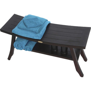 Compact Curvilinear Teak Shower / Outdoor Bench with Shelf in Brown Finish