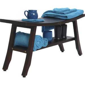 Compact Curvilinear Teak Shower / Outdoor Bench with Shelf in Brown Finish
