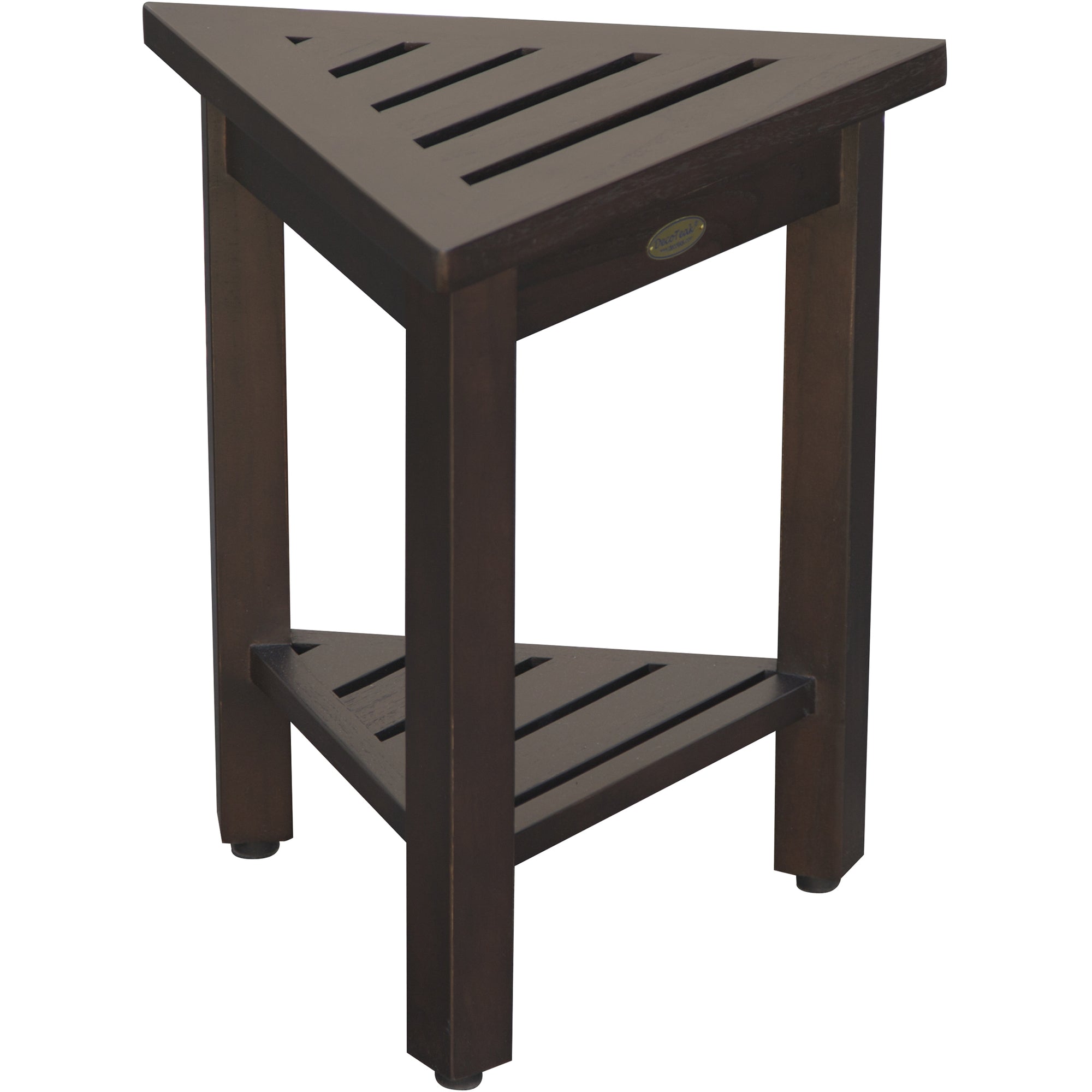 Compact Triangular Teak Shower / Outdoor Bench with Shelf in Brown Finish