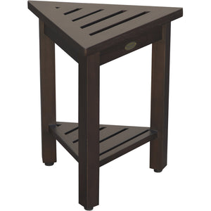 Compact Triangular Teak Shower / Outdoor Bench with Shelf in Brown Finish