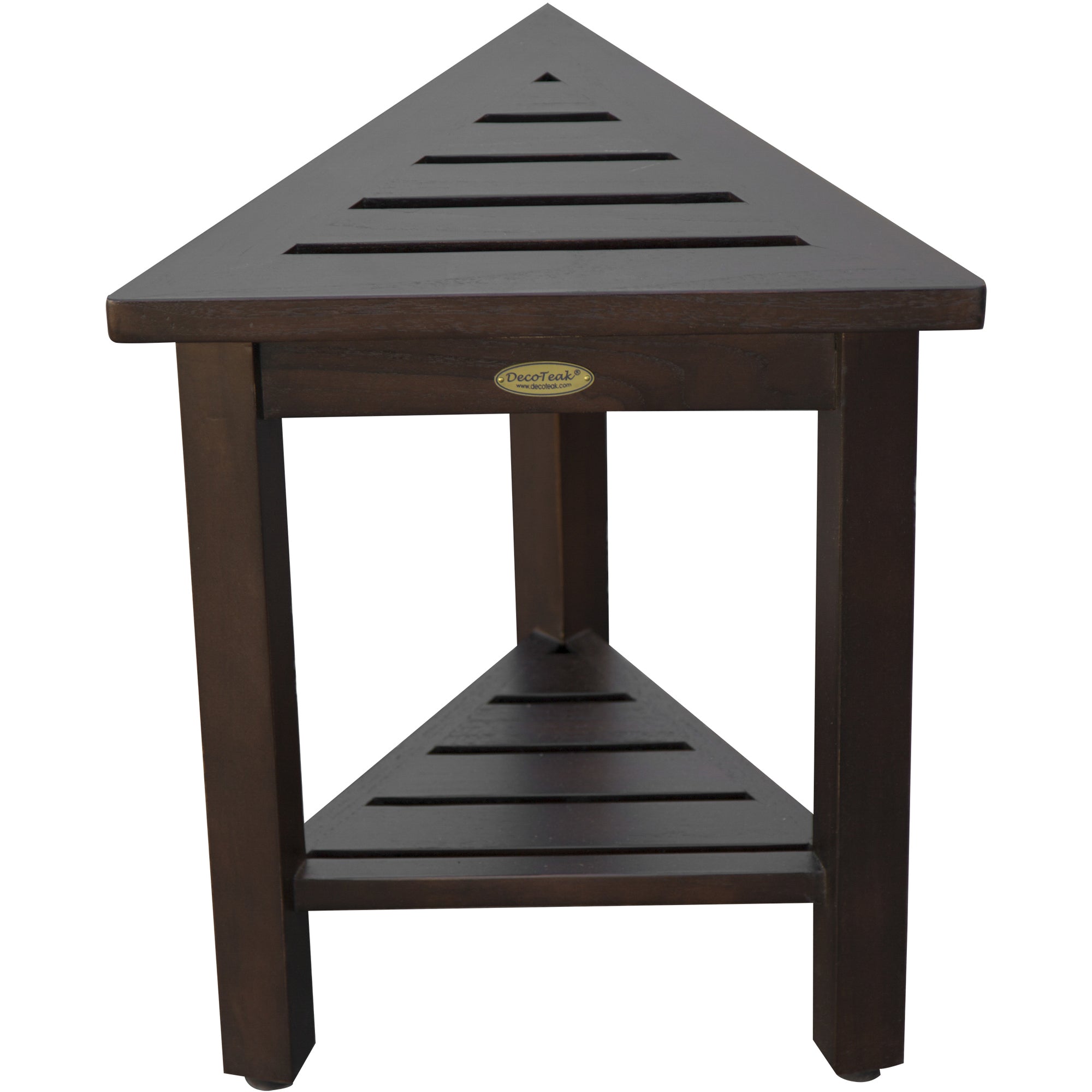 Compact Triangular Teak Shower / Outdoor Bench with Shelf in Brown Finish