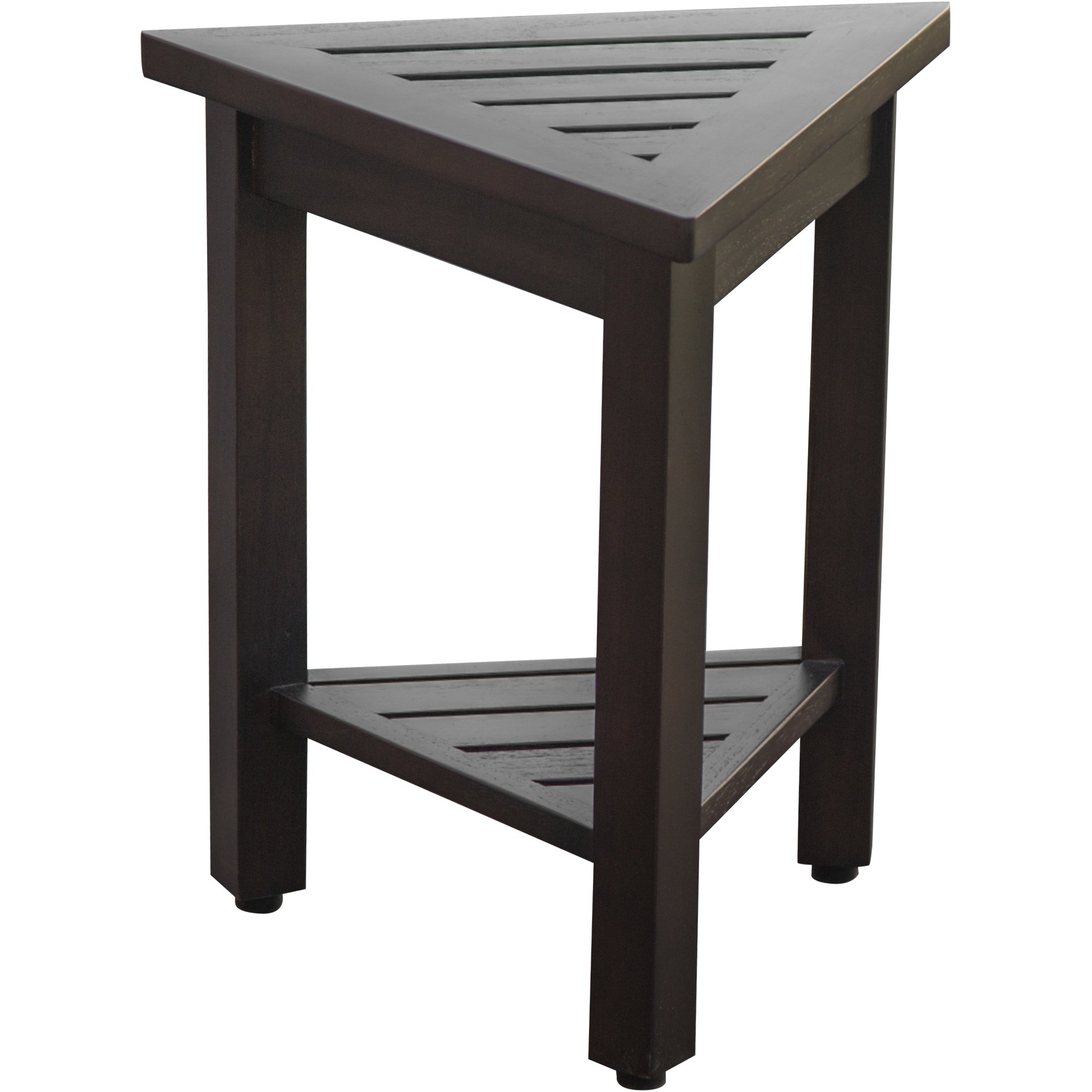 Compact Triangular Teak Shower / Outdoor Bench with Shelf in Brown Finish