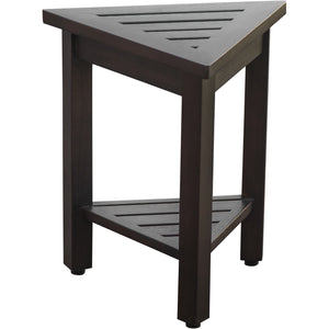 Compact Triangular Teak Shower / Outdoor Bench with Shelf in Brown Finish