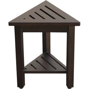 Compact Triangular Teak Shower / Outdoor Bench with Shelf in Brown Finish