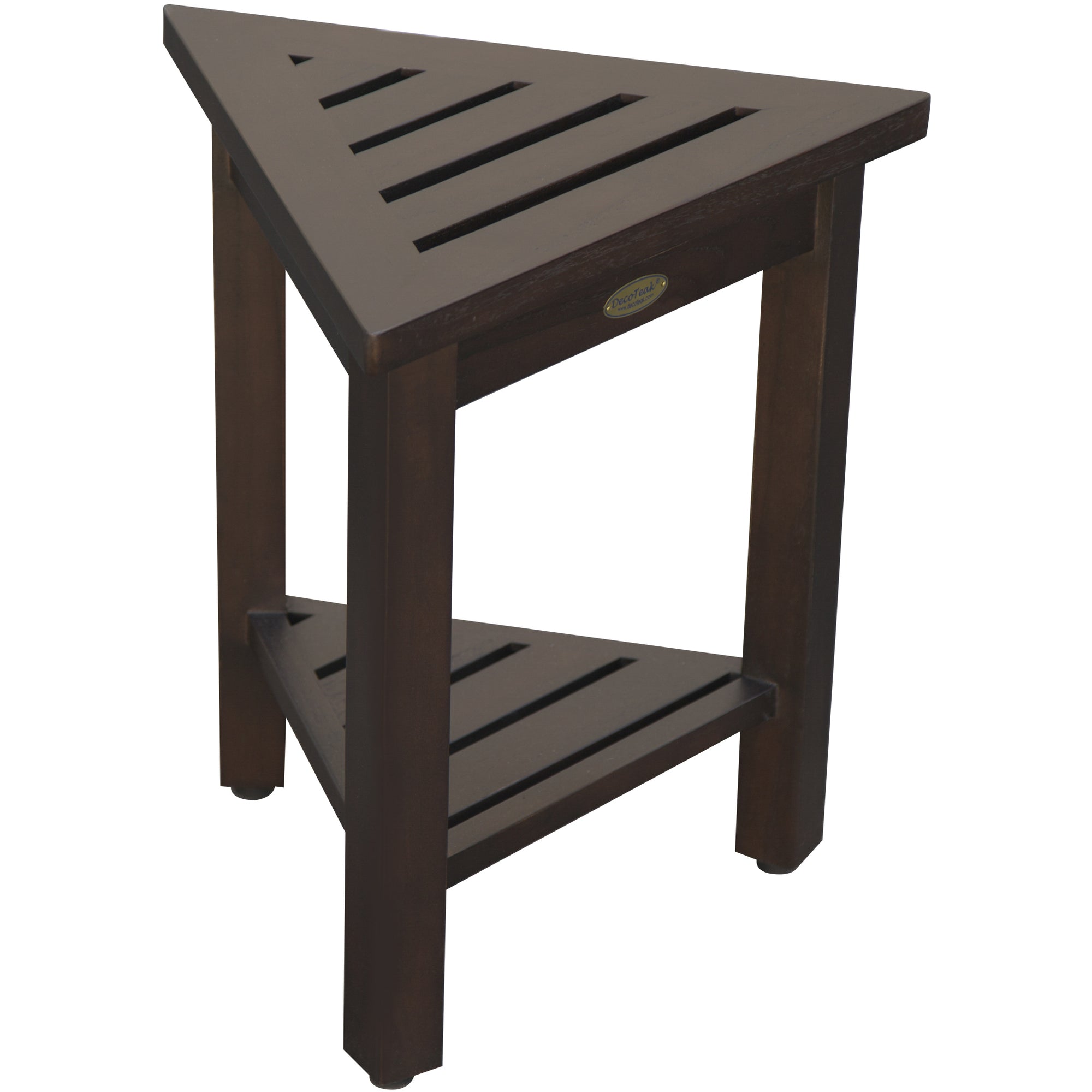 Compact Triangular Teak Shower / Outdoor Bench with Shelf in Brown Finish