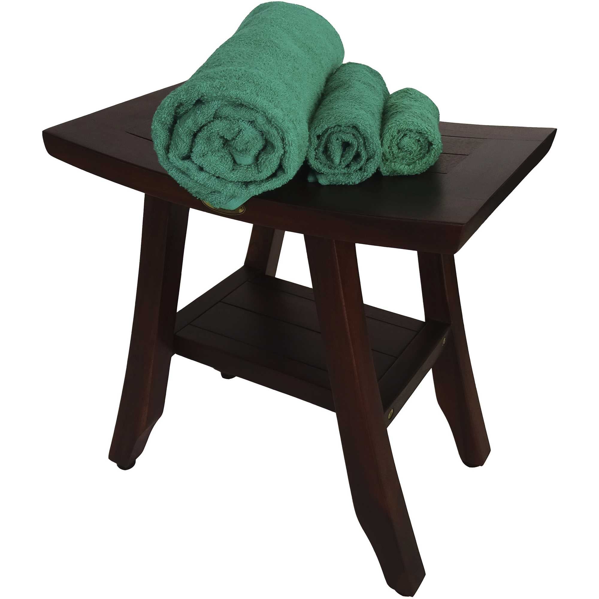 Compact Curviliniear Teak Shower / Outdoor Bench with Shelf in Brown Finish