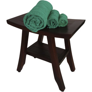 Compact Curviliniear Teak Shower / Outdoor Bench with Shelf in Brown Finish