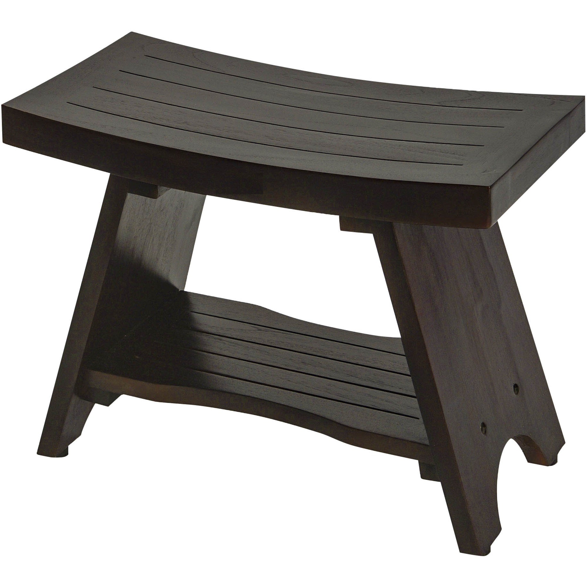 Compact Teak Rectangular Corner Shower / Outdoor Bench with Shelf in Brown Finish