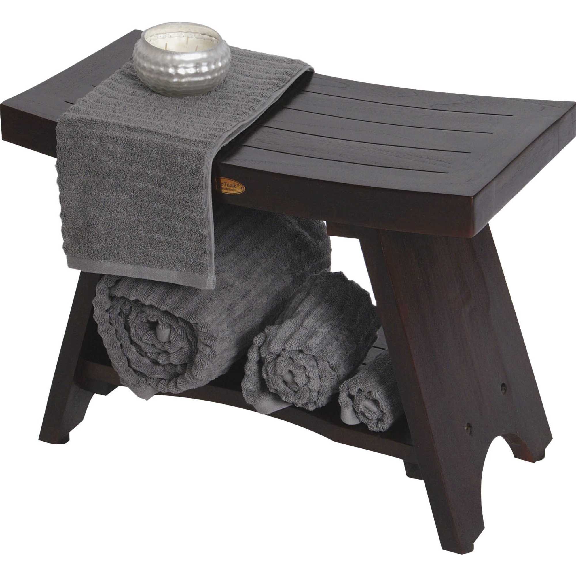 Compact Teak Rectangular Corner Shower / Outdoor Bench with Shelf in Brown Finish
