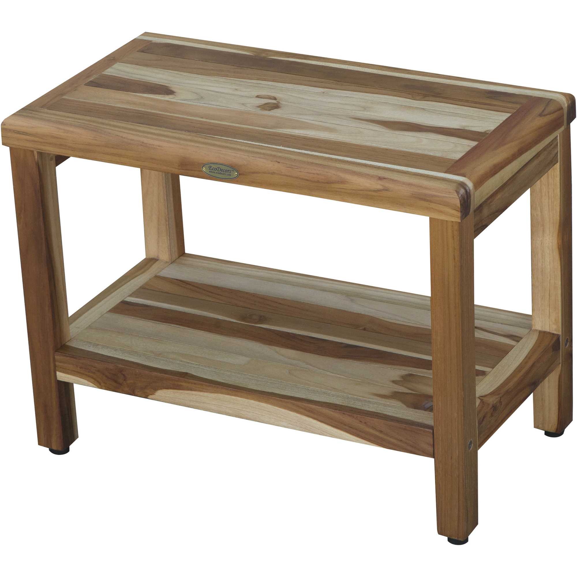 Compact Rectangular Teak Shower / Outdoor Bench with Shelf in Natural Finish