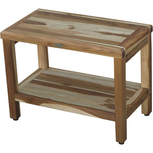 Compact Rectangular Teak Shower / Outdoor Bench with Shelf in Natural Finish