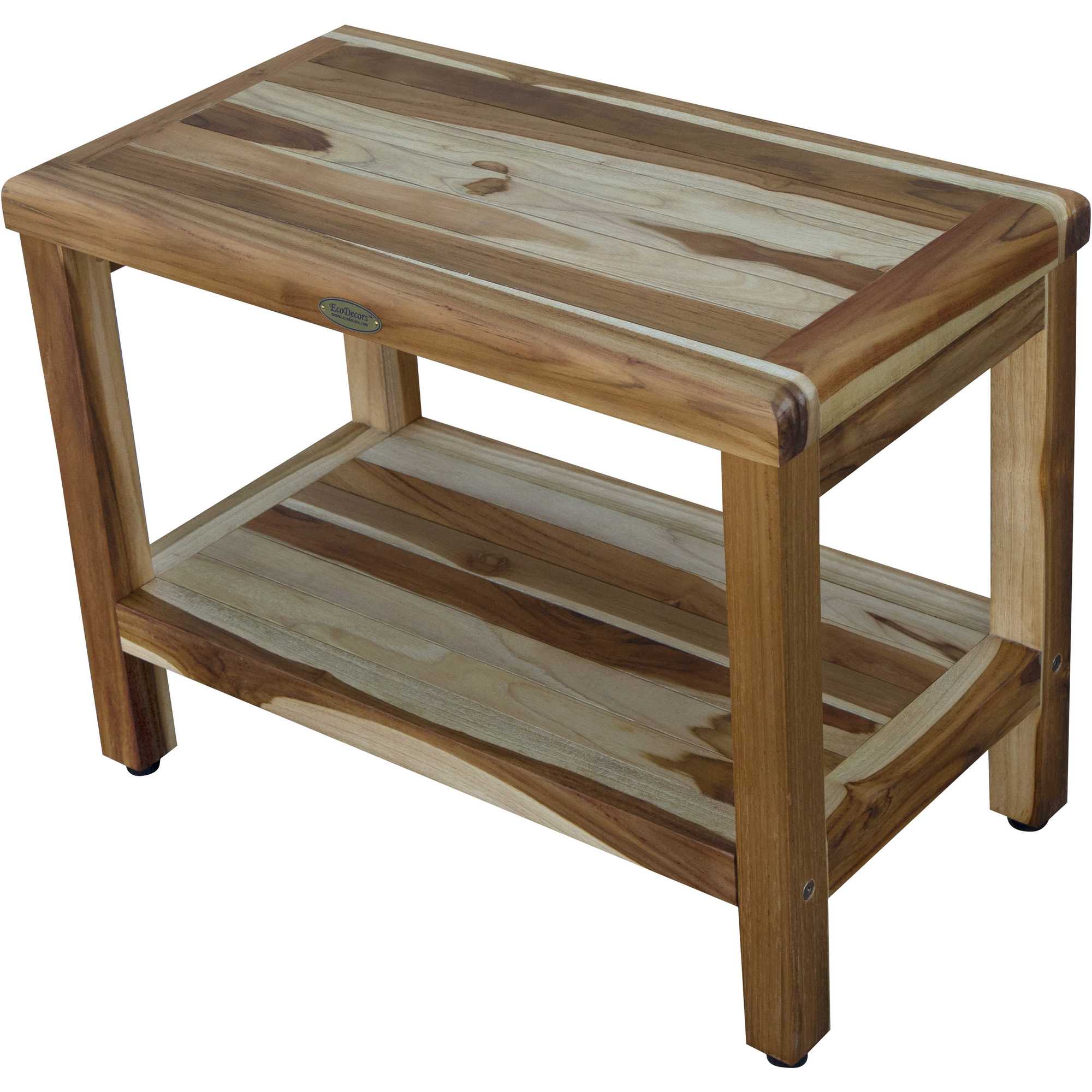 Compact Rectangular Teak Shower / Outdoor Bench with Shelf in Natural Finish