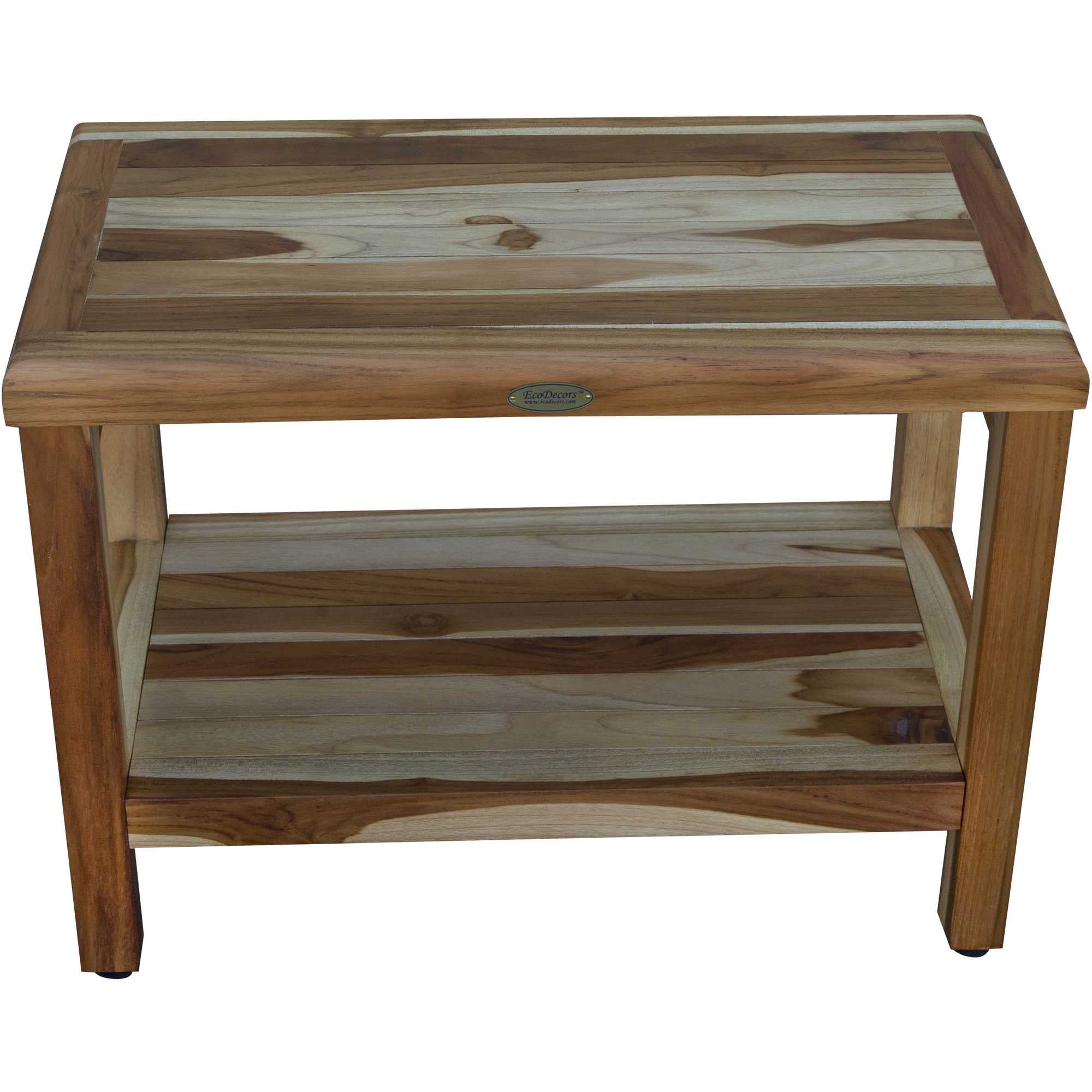Compact Rectangular Teak Shower / Outdoor Bench with Shelf in Natural Finish