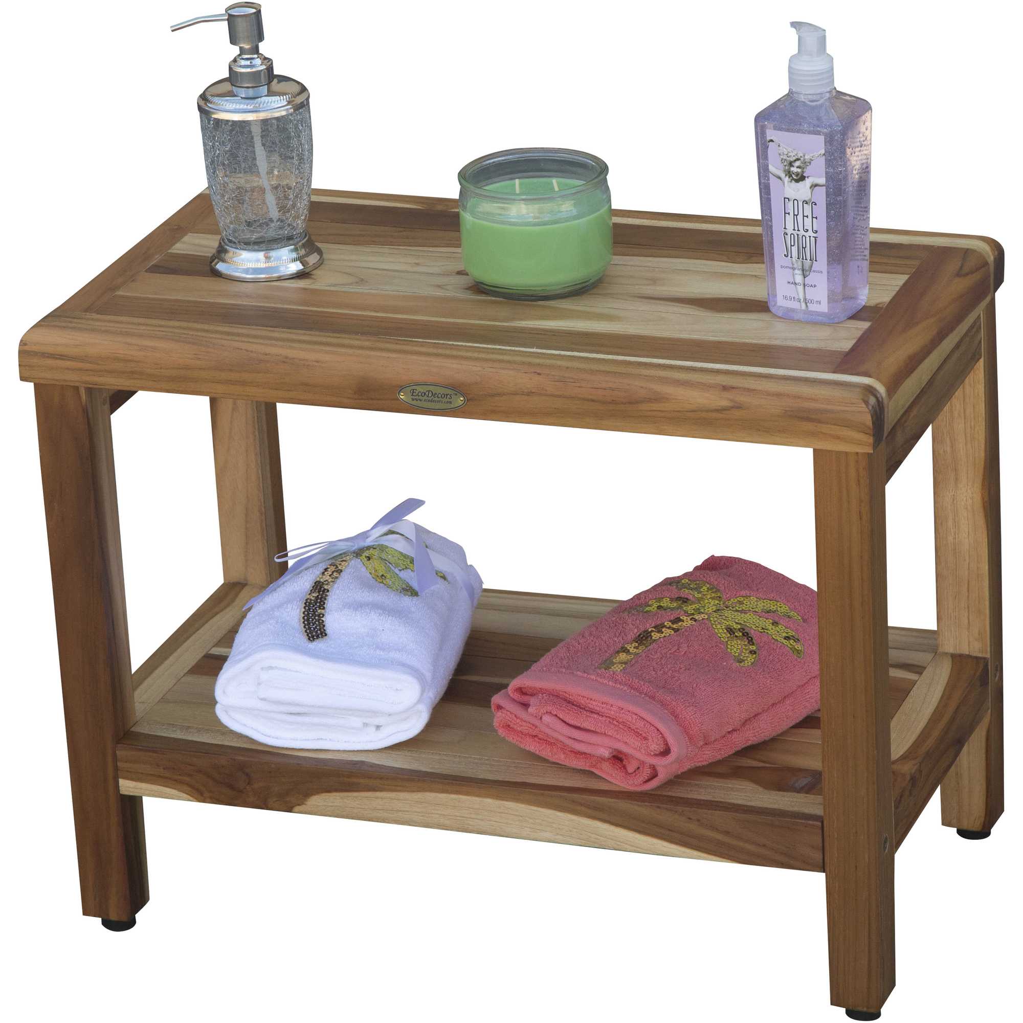 Compact Rectangular Teak Shower / Outdoor Bench with Shelf in Natural Finish