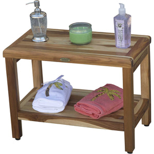 Compact Rectangular Teak Shower / Outdoor Bench with Shelf in Natural Finish