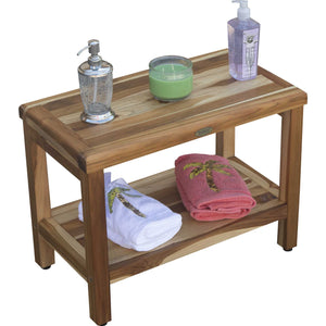 Compact Rectangular Teak Shower / Outdoor Bench with Shelf in Natural Finish