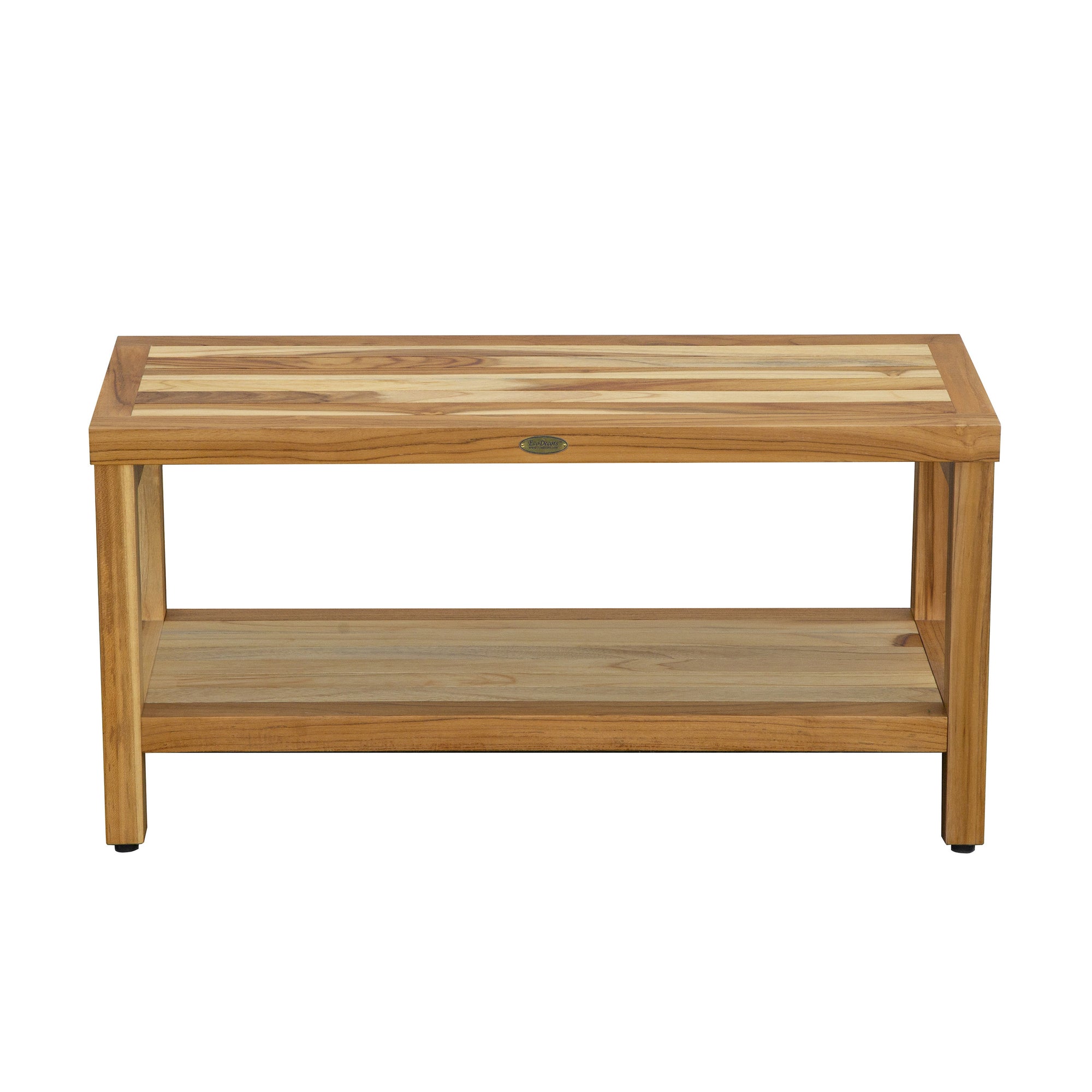 Compact Rectangular Teak Shower / Outdoor Bench with Shelf in Natural Finish