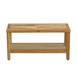 Compact Rectangular Teak Shower / Outdoor Bench with Shelf in Natural Finish