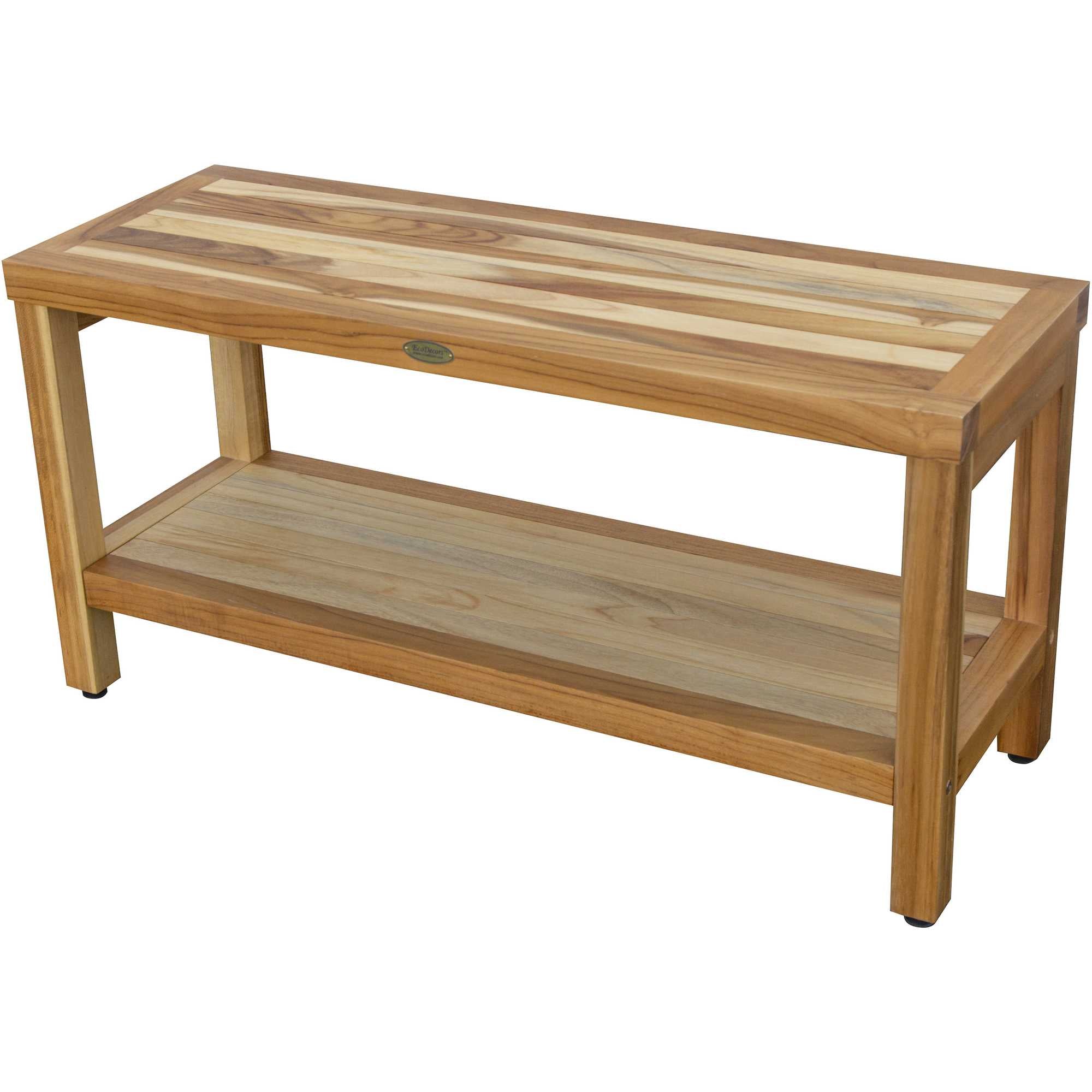 Compact Rectangular Teak Shower / Outdoor Bench with Shelf in Natural Finish