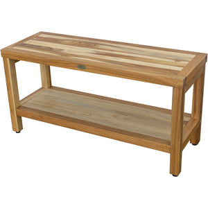 Compact Rectangular Teak Shower / Outdoor Bench with Shelf in Natural Finish