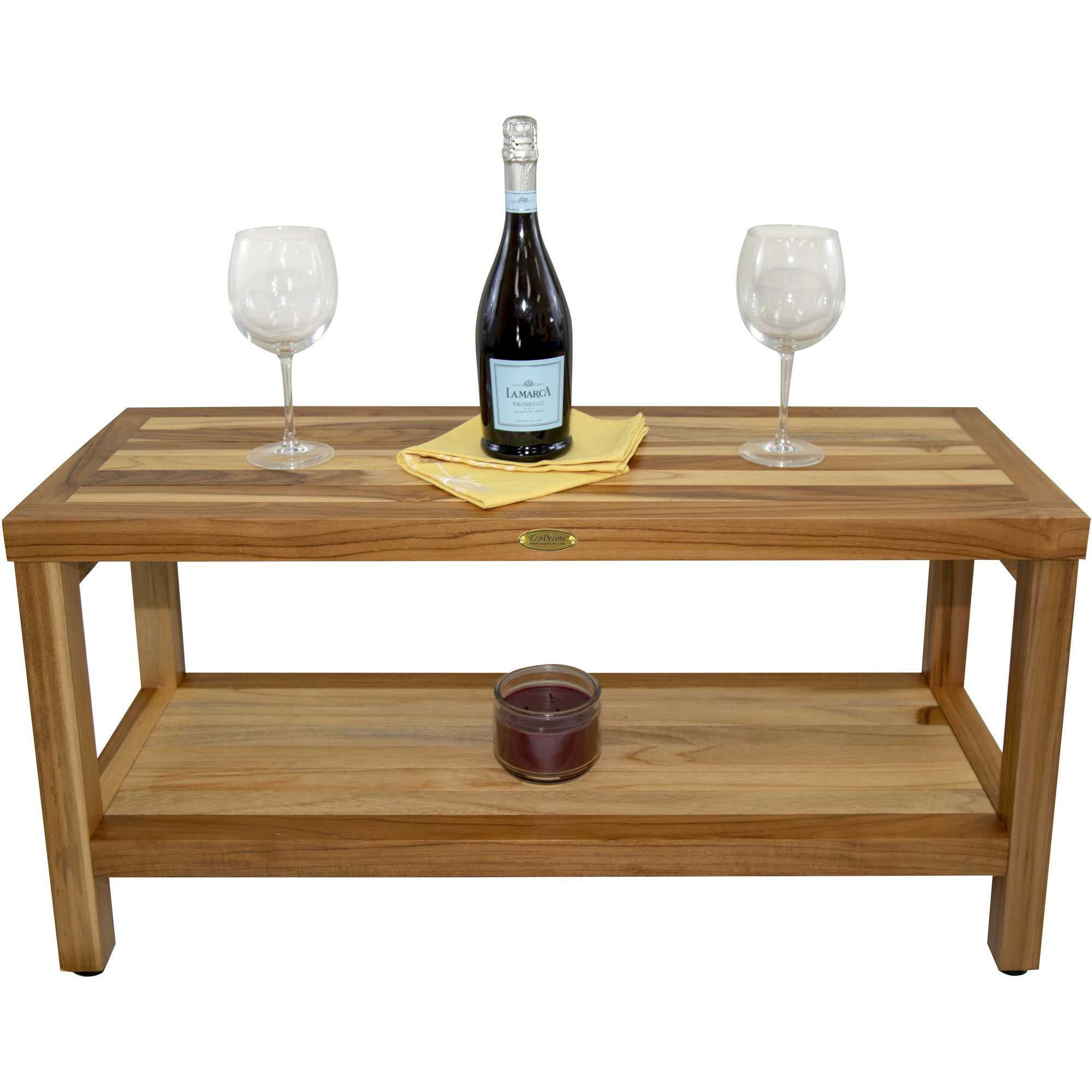 Compact Rectangular Teak Shower / Outdoor Bench with Shelf in Natural Finish