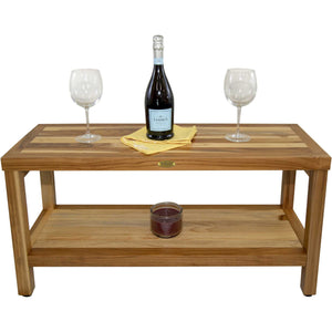 Compact Rectangular Teak Shower / Outdoor Bench with Shelf in Natural Finish