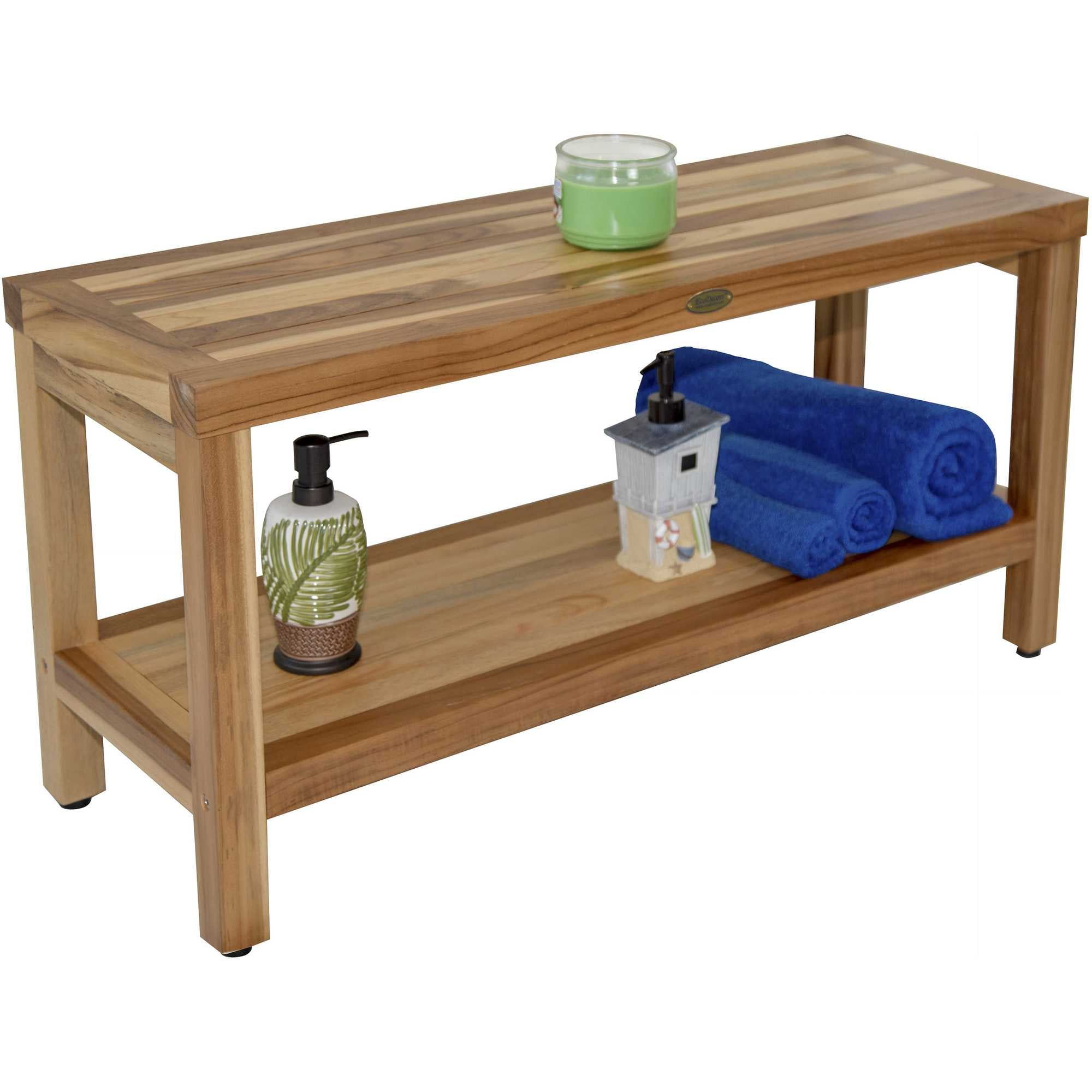 Compact Rectangular Teak Shower / Outdoor Bench with Shelf in Natural Finish