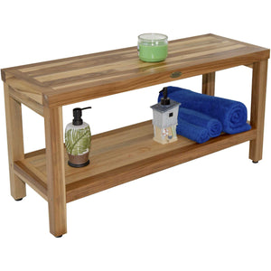 Compact Rectangular Teak Shower / Outdoor Bench with Shelf in Natural Finish