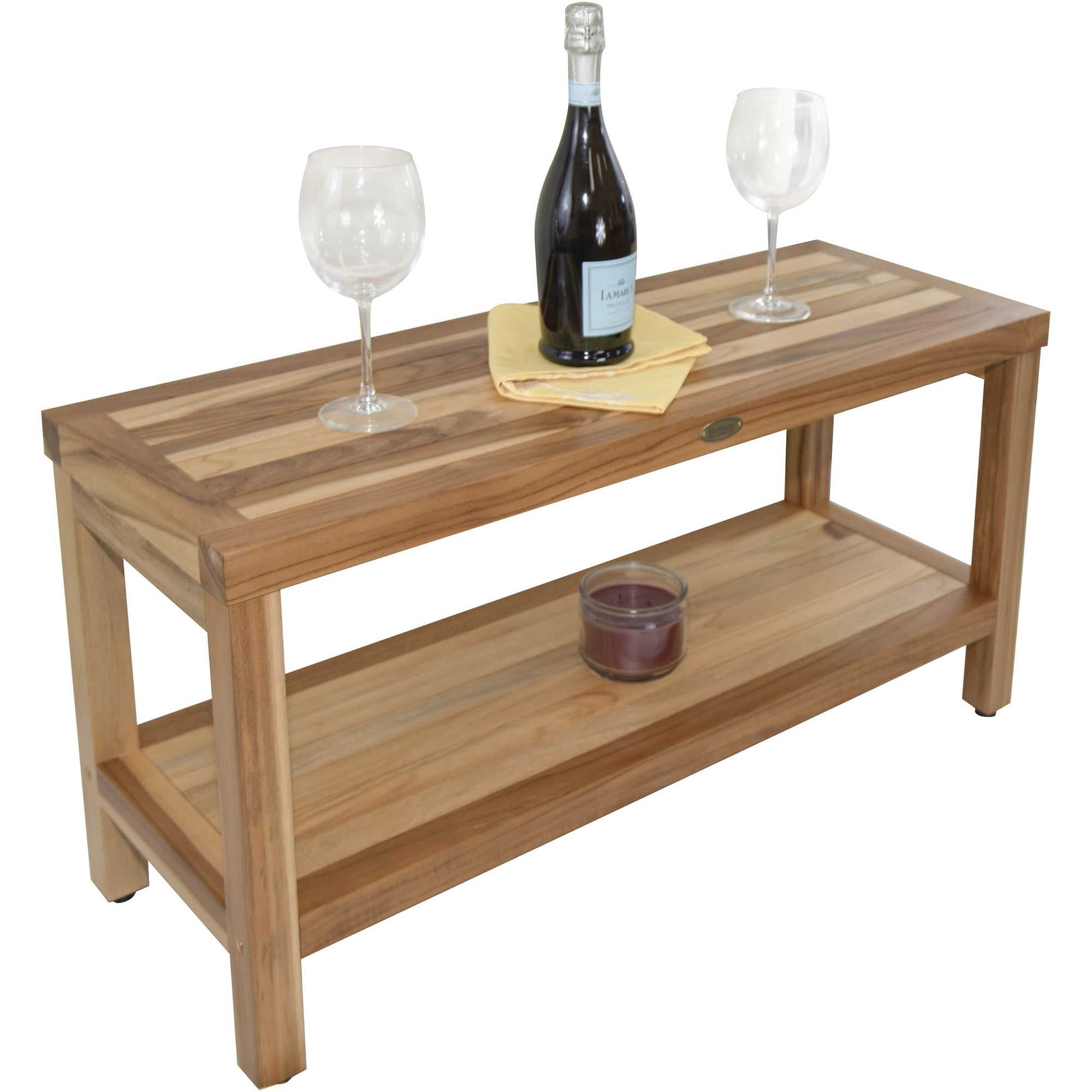 Compact Rectangular Teak Shower / Outdoor Bench with Shelf in Natural Finish