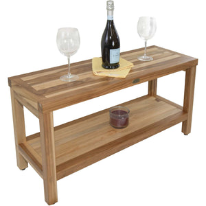 Compact Rectangular Teak Shower / Outdoor Bench with Shelf in Natural Finish