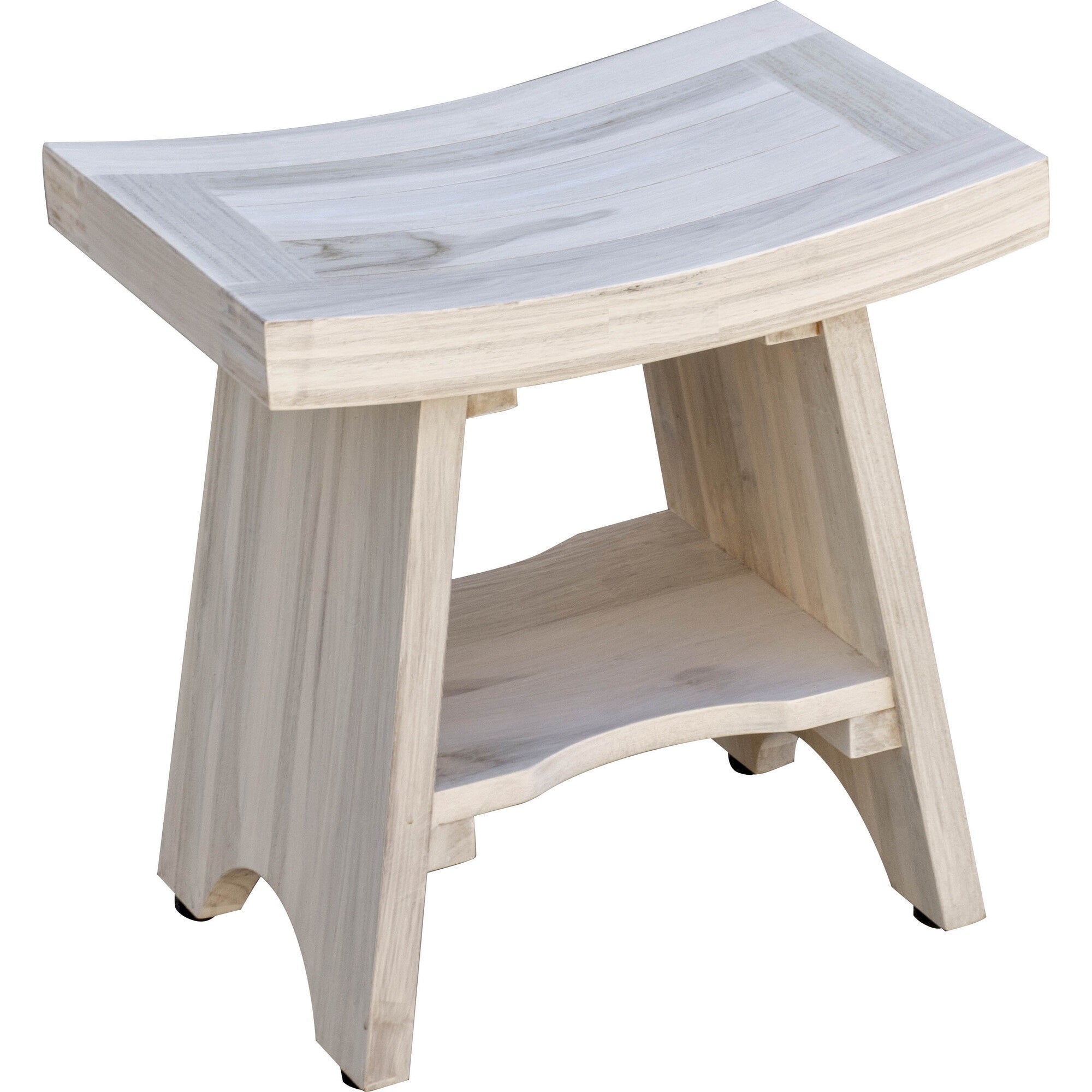Compact Curvilinear Teak Shower / Outdoor Bench with Shelf in Driftwood Finish