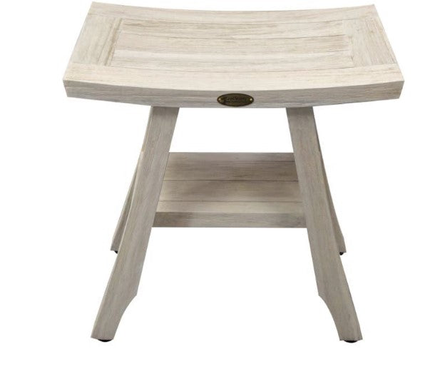 Compact Curvilinear Teak Shower Outdoor Bench with Shelf in Driftwood Finish