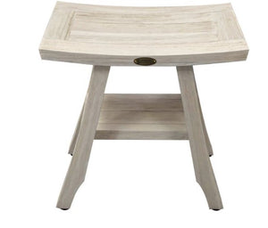 Compact Curvilinear Teak Shower Outdoor Bench with Shelf in Driftwood Finish