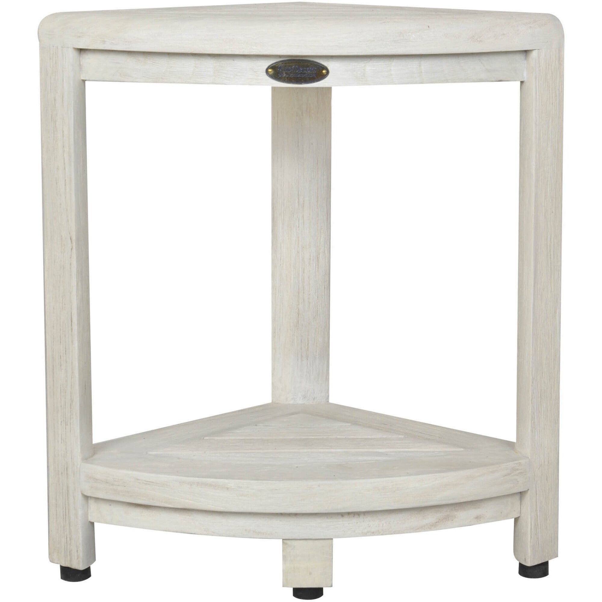 Compact Teak Corner Shower Outdoor Stool with Shelf in Driftwood Finish