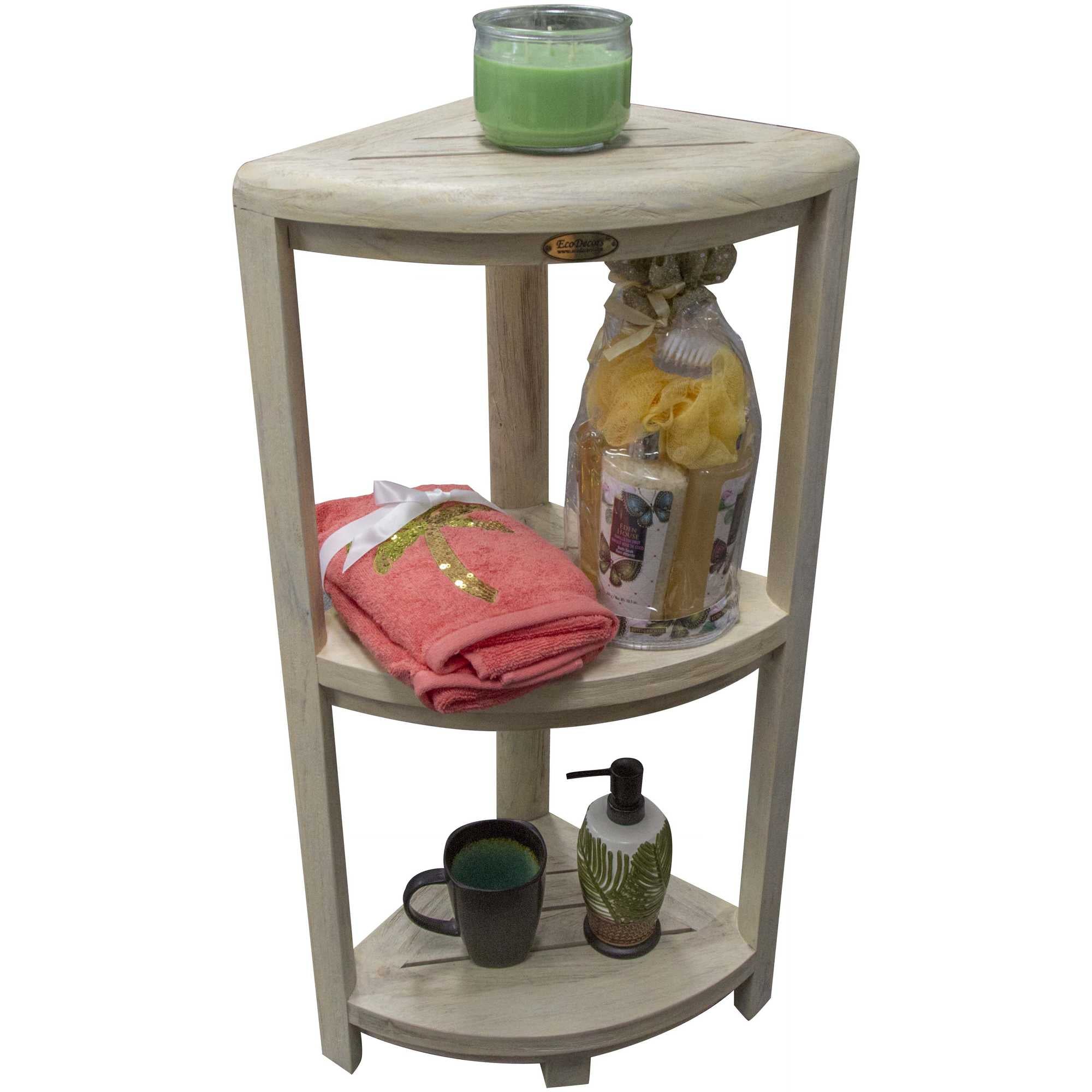 Compact Teak 3-tier Corner Shower / Outdoor Bench in  Driftwood Finish