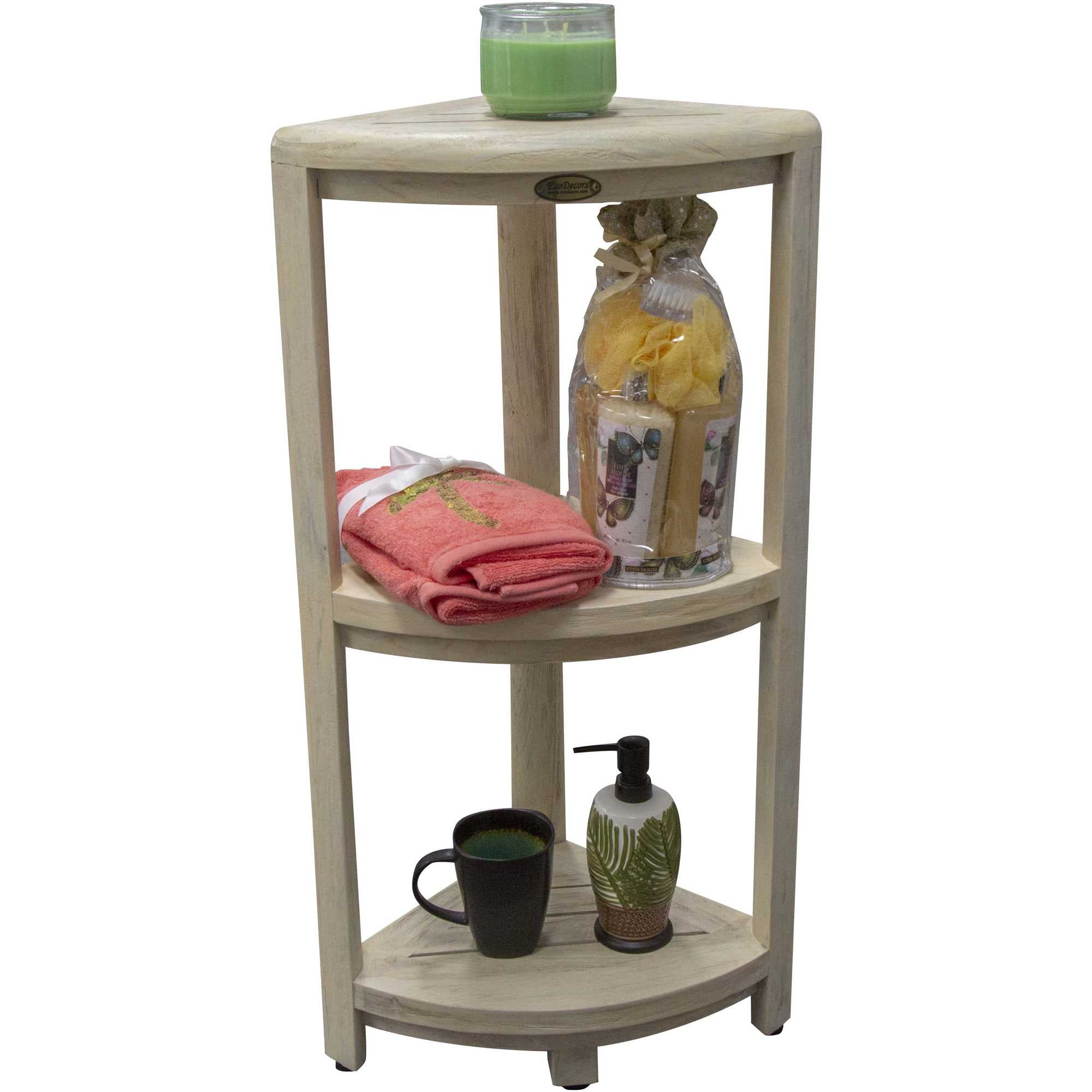 Compact Teak 3-tier Corner Shower / Outdoor Bench in  Driftwood Finish