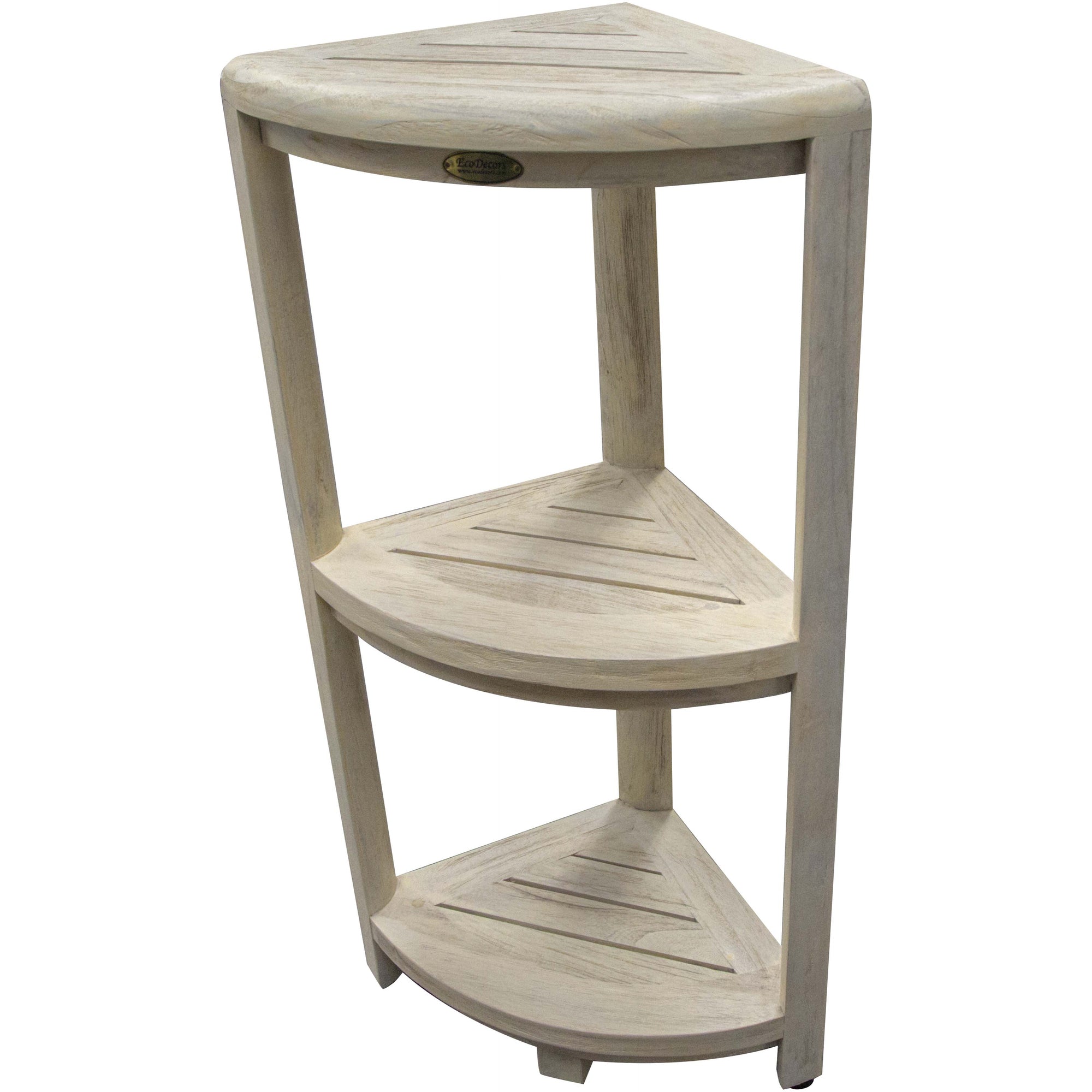 Compact Teak 3-tier Corner Shower / Outdoor Bench in  Driftwood Finish