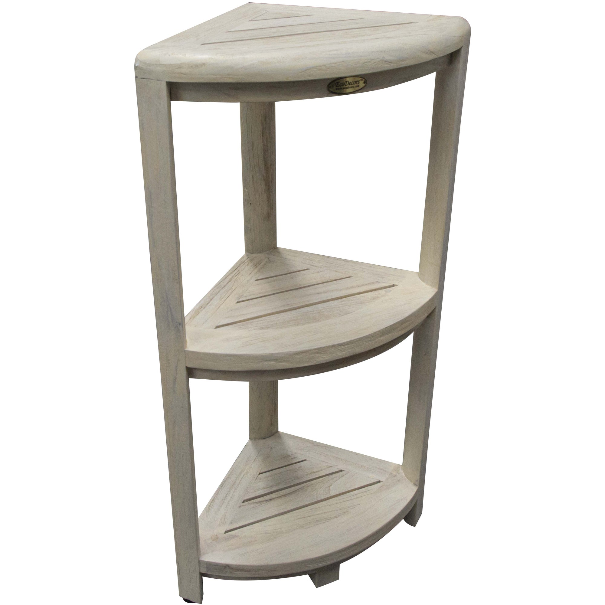 Compact Teak 3-tier Corner Shower / Outdoor Bench in  Driftwood Finish