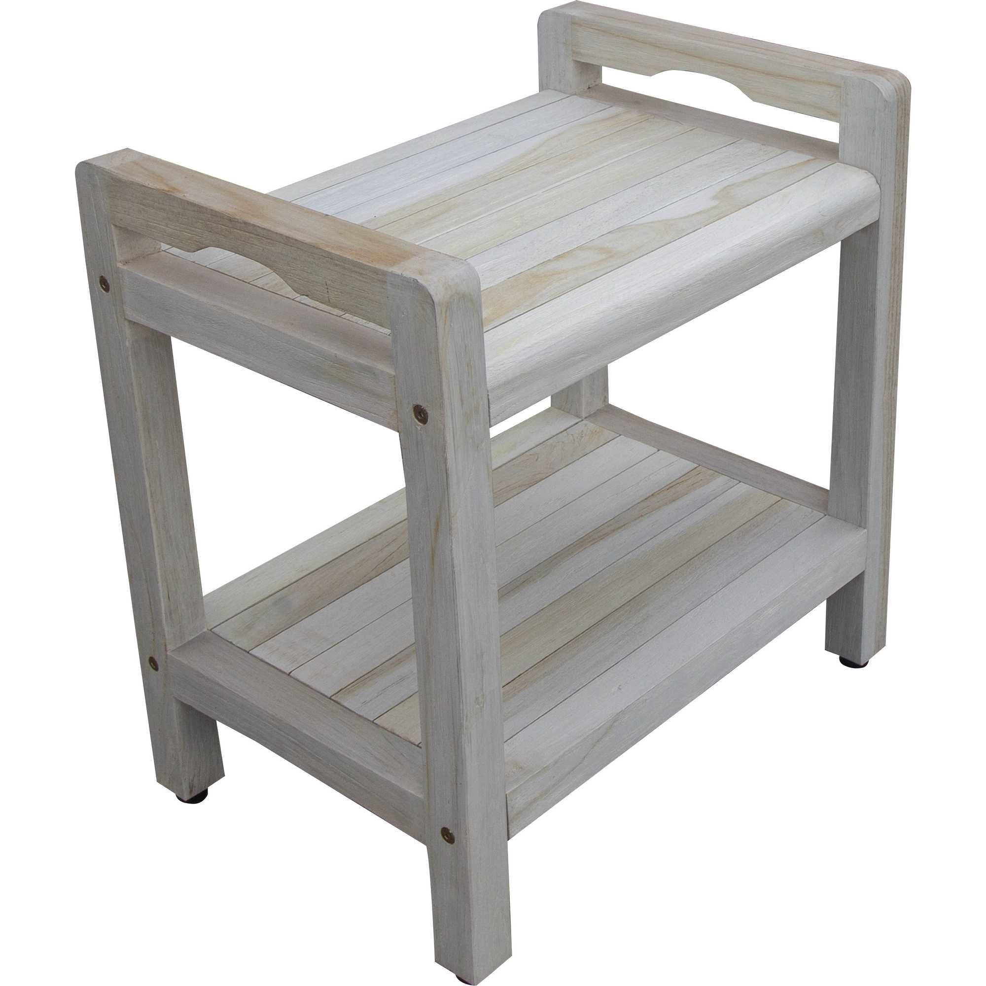 Compact Rectangular Teak Shower / Outdoor Bench with Liftaide Arms in Driftwood Finish