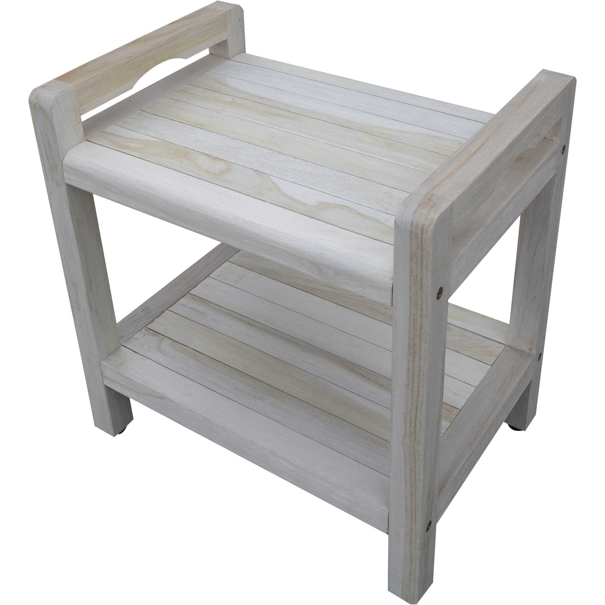 Compact Rectangular Teak Shower / Outdoor Bench with Liftaide Arms in Driftwood Finish