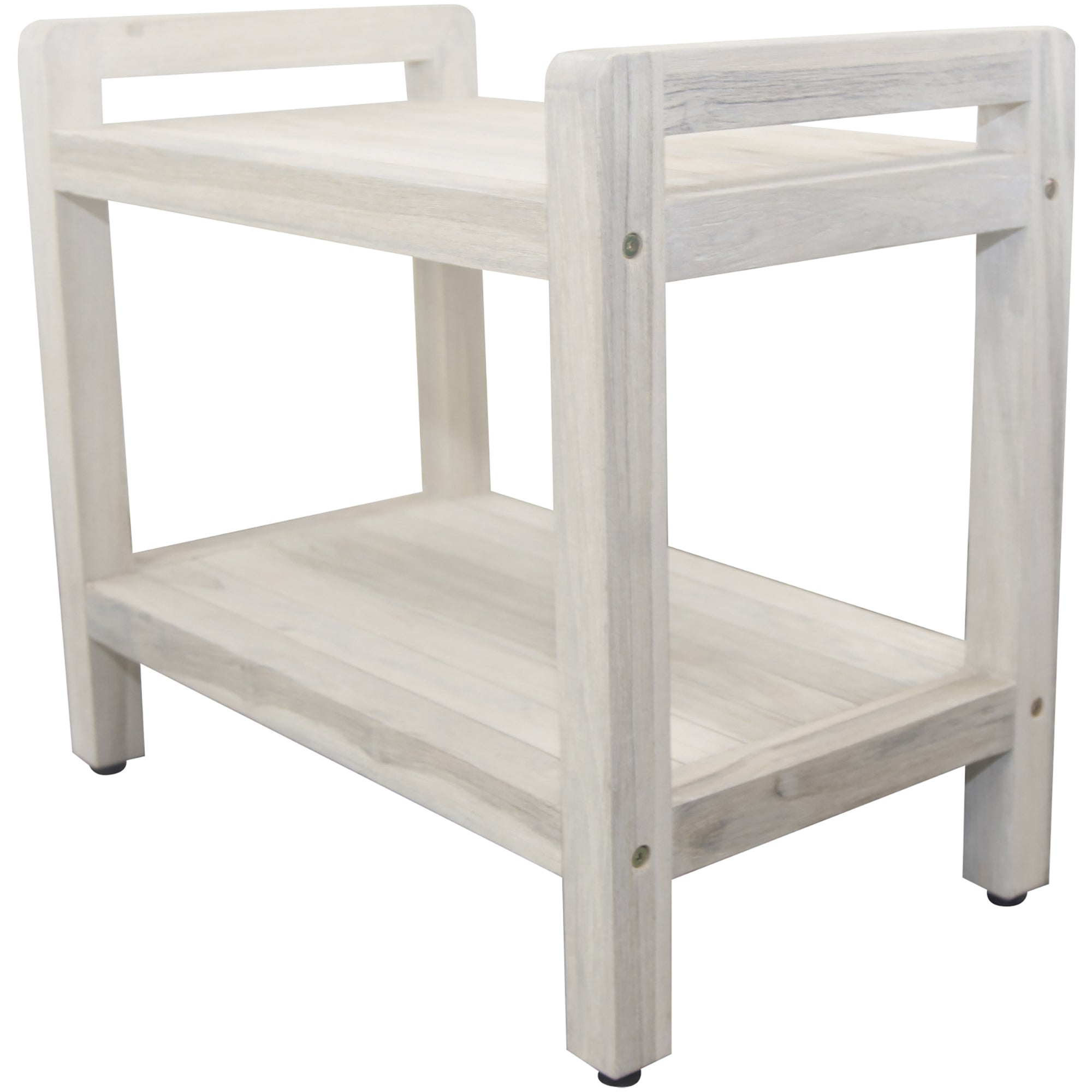 Compact Rectangular Teak Shower / Outdoor Bench with Shelf and Liftaide Arms in Driftwood Finish