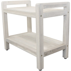 Compact Rectangular Teak Shower / Outdoor Bench with Shelf and Liftaide Arms in Driftwood Finish