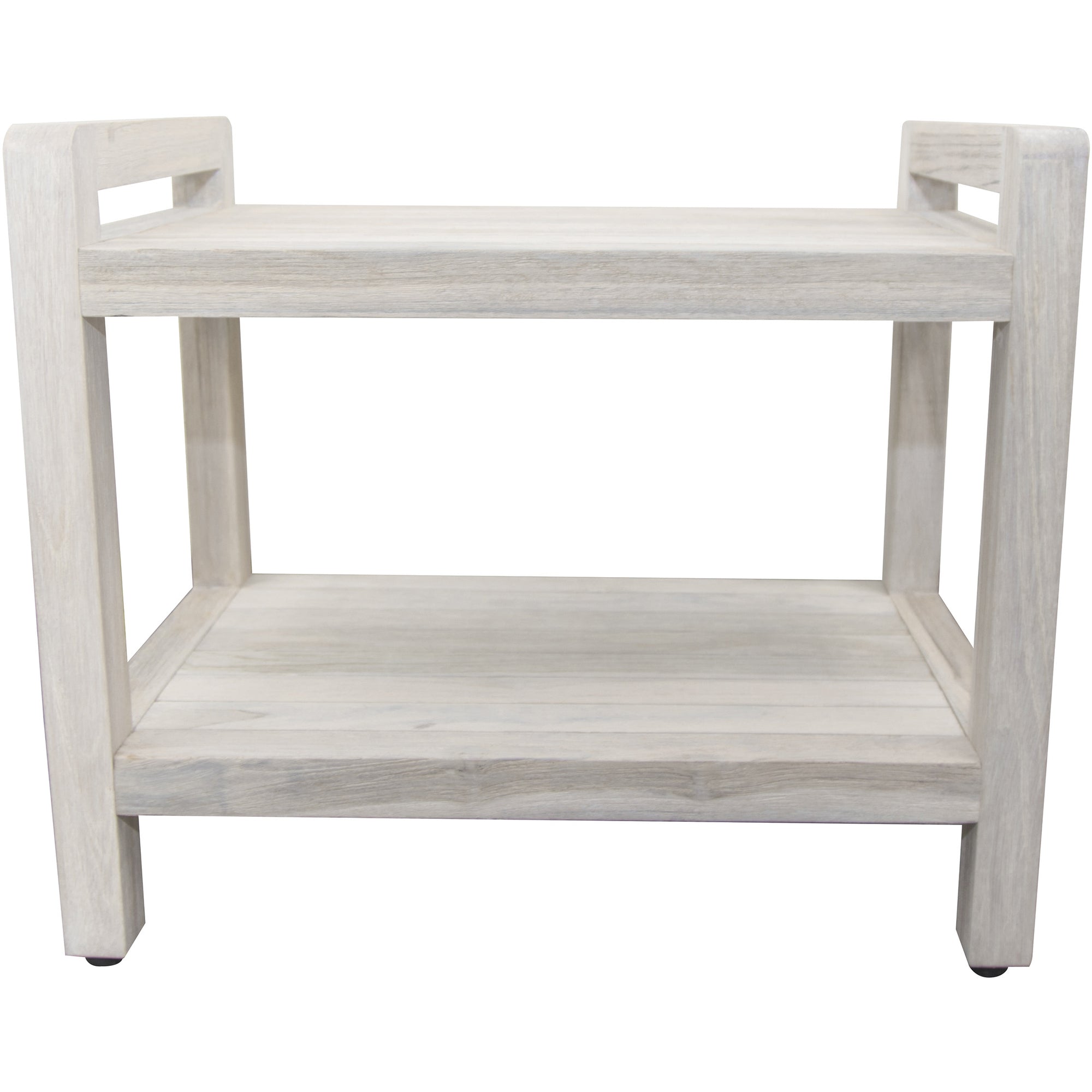 Compact Rectangular Teak Shower / Outdoor Bench with Shelf and Liftaide Arms in Driftwood Finish