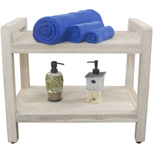 Compact Rectangular Teak Shower / Outdoor Bench with Shelf and Liftaide Arms in Driftwood Finish