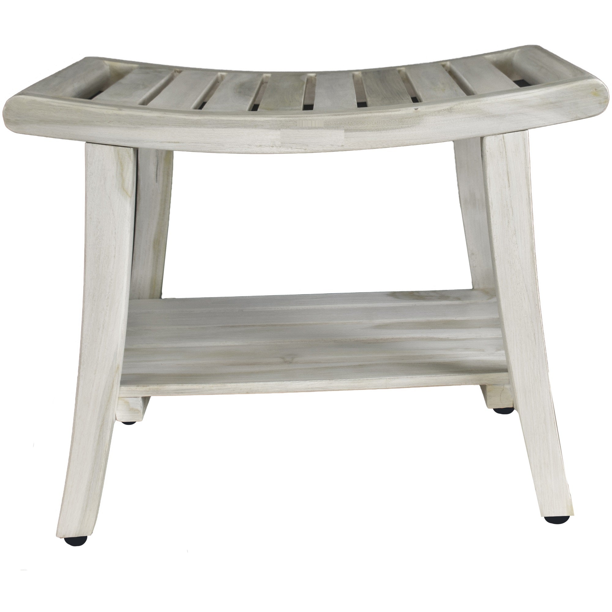 Compact Curviliniear Teak Shower / Outdoor Bench with Shelf in Driftwood Finish