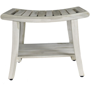 Compact Curviliniear Teak Shower / Outdoor Bench with Shelf in Driftwood Finish